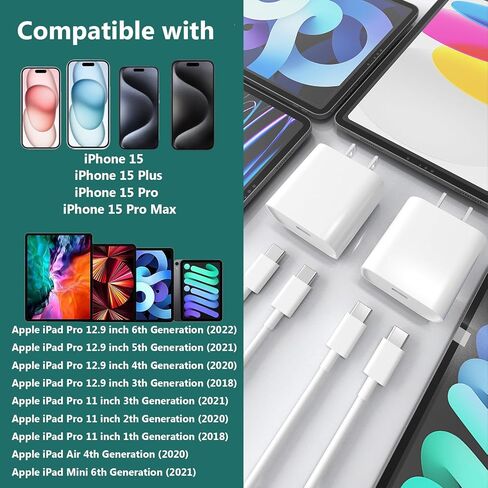 Fast USB C Charger for iPad Pro, 20W Fast iPad Charger Block with 6FT USB C to USB C Cable for iPad Pro 12.9/11 inch(2022/2021/2020),Air 5th/4th,Mini 6th,10th,iPhone 15,15 Plus,15 Pro,15 Pro Max in Kuwait