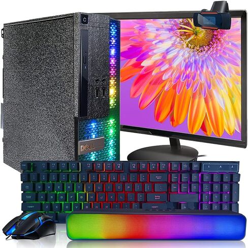Dell PC Black Treasure Box RGB Desktop Quad Core I5 up to 3.6G, 16G, 512G SSD, WiFi, BT, RGB Keyboard & Mouse, DVD, New 22" 1080P FHD LED, RGB Sound Bar, Webcam, Win 11 Pro (Renewed) in Kuwait