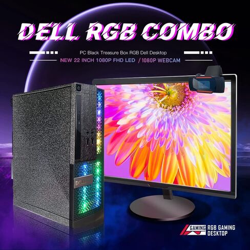 Dell PC Black Treasure Box RGB Desktop Quad Core I5 up to 3.6G, 16G, 512G SSD, WiFi, BT, RGB Keyboard & Mouse, DVD, New 22" 1080P FHD LED, RGB Sound Bar, Webcam, Win 11 Pro (Renewed) in Kuwait