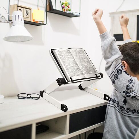 حامل كتب قابل للتعديل، حامل كتب من الألومنيوم متين وخفيف الوزن مع مشبكين ورقيين مرنين، حامل كتب مريح للأجهزة اللوحية والمجلات والمستندات in Kuwait