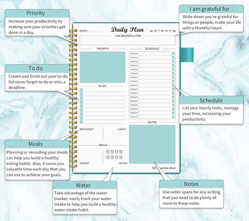 Daily Planner Undated, To Do List Notebook with Hourly Schedule Calendars Meal, Spiral Appointment Organizers Notebook for Man/Women, Pocket,Pen Loop, 160 Pages (7x10") in Saudi Arabia