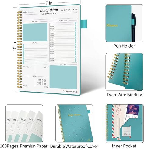 Daily Planner Undated, To Do List Notebook with Hourly Schedule Calendars Meal, Spiral Appointment Organizers Notebook for Man/Women, Pocket,Pen Loop, 160 Pages (7x10") in Saudi Arabia
