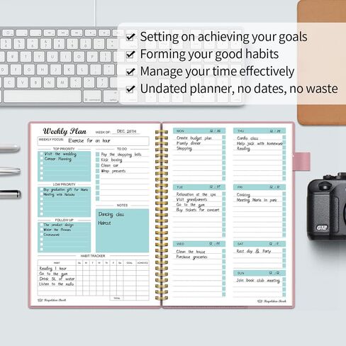 Daily Planner Undated, To Do List Notebook with Hourly Schedule Calendars Meal, Spiral Appointment Organizers Notebook for Man/Women, Pocket,Pen Loop, 160 Pages (7x10") in Saudi Arabia