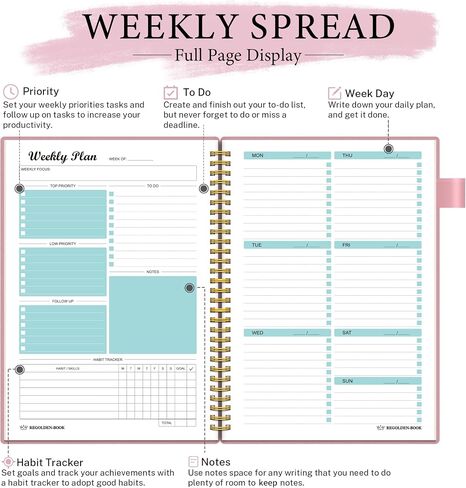 Daily Planner Undated, To Do List Notebook with Hourly Schedule Calendars Meal, Spiral Appointment Organizers Notebook for Man/Women, Pocket,Pen Loop, 160 Pages (7x10") in Saudi Arabia