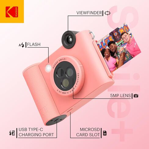 كاميرا KODAK Smile+ كاميرا طباعة رقمية فورية لاسلكية مع عدسة متغيرة التأثير، مطبوعات صور لاصقة مقاس 2x3 بوصة، وتكنولوجيا طباعة Zink، متوافقة مع أجهزة iOS وAndroid - وردي in Saudi Arabia