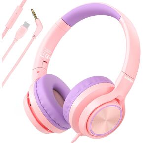 INFURTURE CH5 USB C/3.5mm Kids Headphones with Mic for Children Boys Girls, Line Control,Volume Limit 94dB, On Ear/Wired Headphones for School, Travel, for Cellphones, Tablets, PC, Kindle（Pink）