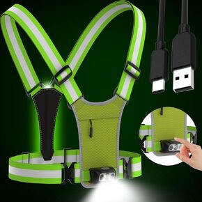 Reflective Running Vest,2 LED Lights High Visibility Reflective Gear with Waterproof Pouch,USB Rechargeable Light Up Vest for Walking Running Cycling,Adjustable fits Well for Men Women Kids