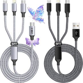 2Pack 4FT USB Multi Charging Cable, 3 in 1 Universal Charging Cable for Multiple Devices, Nylon Braided Phone Charger Cord with Type C, Micro USB, Lightning Port