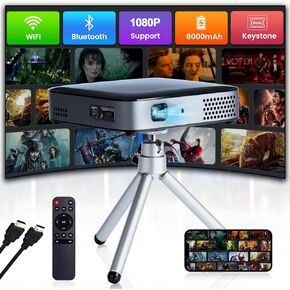 【3H Playtime】Mini Projector with Wifi and Bluetooth,1080P DLP Projector with Battery, Speaker & Tripod ,Wireless Mini Phone Projector for iPhone Roku Fire Stick etc,Travel Mini Portable Projector