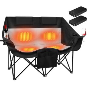 Heated Double Camping Chair with 2 20000mAh Battery Pack, 2 Control Switches 2-Person Loveseat, 550 lbs for Outdoor Sports, Picnics, Rugby Match, Lawn