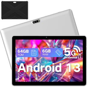 Tablet 10.1 inch Android 13 Tablets, 2025 Cellular Tablets with SIM Card Slot, 6GB+64GB, Support 1TB Expand, Tablet with Case,1280x800 IPS, 5MP+8MP 5000mAh, Bluetooth GPS 5G Wifi Tablet (Silver)