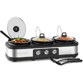 Stainless Steel Triple Slow Cooker, Buffet Food Server, 2.5 Quart, Black/Silver