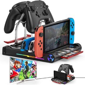 RGB Switch Dock for Switch/Switch OLED, Support 4K/1080P HDMI Switch Charger Docking Station Compatible with Joy-con, TV Docking Station USB 3.0 Port and Type C Charging Ports with 8 Game Slots