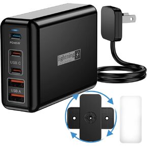 Fast Charger USB C 100W, 5 Ports Charging Blocks Ultra Thin Flat Plug, USB Charging Hub with 360° Rotated Adhesive Punch-Free Holder, Charging Station for Laptops, Tablets, Cellphones Stuff