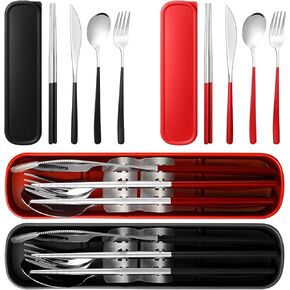 2 Sets Travel Cutlery Set 18/8 Stainless Steel Cutlery 6 Pcs Reusable Utensils Set with Case Portable Silverware Lunch Box for Camping School Office(Silver, Blackish Green, Black)