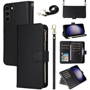 Wallet Case for S23plus 23S + S 23 23+ SM-S916U 6.6inch with Wrist Strap Shoulder Strap Zipper Card Holder Slots Protector Stand Cell Phone Cover Samsung Galaxy S23 Plus S23+ 5G Girls Black