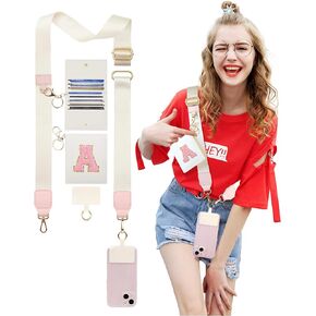 Initial Phone Lanyard, Clip and Go Strap for Phone with Wallet Crossbody Gifts for Women Girls Mom Teachers Nurses, Beige Adjustable Shoulder Strap with Wristlet Strap for Cell Phone Crossbody Bag A