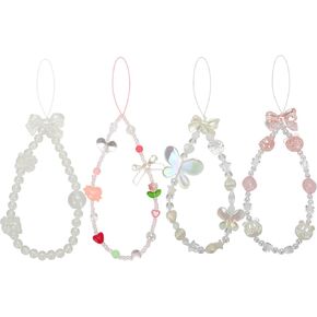 4 Pcs Butterfly Bow Knot Beaded Phone Charm, Love Flower Phone Charms, Cute Y2k Pearl Beaded Strap Phone Lanyard Wrist Cute Aesthetic Phone Chain for Girls Women (White, Pink)