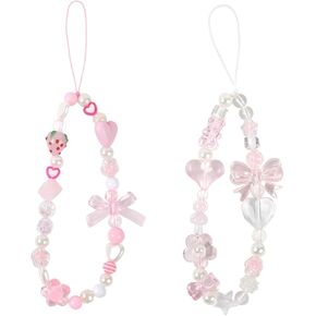 2 Pcs Pink Phone Charms Strap Cute Strawberry Phone Beads Charm Wrist Strap Y2k Bow Lanyard for Camera Keychain Decoration