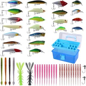 52 Pcs Fishing Lures Kit with 1 Tackle Box,Whopper Fishing Lure Plopper,Hard Baits&Soft Lures for Freshwater and Saltwater,Trout Fishing,Bass Lures, Fishing Gifts for Men