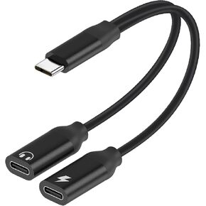 Dual USB C Headphones and Charger Adapter, USB C Splitter, 2-in-1 Type-C Audio and Fast Charging Dongle Cable Compatible with iPhone 16 15 Galaxy S23 S22 S21 Ultra 5G S20 S20+ Plus Note 20 (Black)