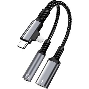 2 in 2 Lightning and USB C to 3.5mm Headphone and Fast Charger Adapter, USB C to 3.5mm Jack, Lightning to 3.5mm Jack, Compatible with Lightning GalaxyS22, iPad Pro, Pixel, iPhone 14 13 12 11 X, etc.