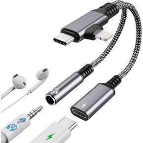 Lightning and USB C to 3.5mm Headphone Jack and USB C Charger Adapter Dongle, 2-in-2 90 Degree Lightning to 3.5mm Audio Jack, iPhone Headphone Splitter for iPhone 16 15 14 13, Pixel, Support Calling