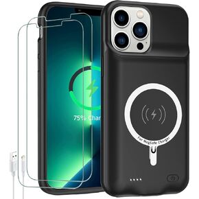 Battery Case for iPhone 13 Pro, 10000mAh High Capacity Rechargeable Portable Protective Extended Charger Case, Wireless Charging Compatible, Extra Battery Life, Black
