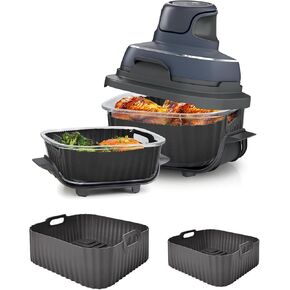 Upgraded Air Fryer Silicone Liners for Ninja Crispi FN101GY/FN101SG/FN101ST,Non-Stick Reusable Ninja Glass Air Fryer Accessories,Big Liner for 4 QT Container & Small Liner for 6 Cup Container, Gray