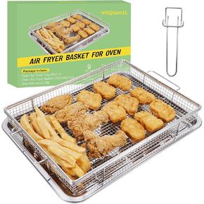 Extra Thick Air Fryer Basket for Oven,2 PCS Set Thick Basket and Tray with One Anti-scald Clip,Stainless Steel Air Fryer Accessories ,Oven Rack and Crisper Pan,18.5''×12.9'', For Baking Grilling Cooking