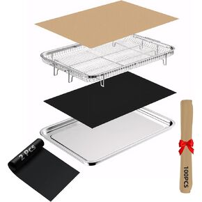 Air Fryer Basket for Oven and Pan, Large 15.6" x 11.6" Air Fryer Tray with 100PCS Parchment Papers & 2PCS Non Stick Teflon Oven Liners, Stainless Steel Air Fryer Pan & Crisper Tray for Baking Grilling