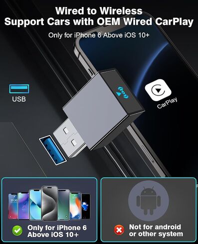 Mini Wireless Carplay Adapter, Portable Carplay Wireless Bluetooth Adapter Stable Fast Wireless Connection Plug and Play No Latency Car Play Adapter for iPhone with OEM Wired Carplay Car System in Saudi Arabia