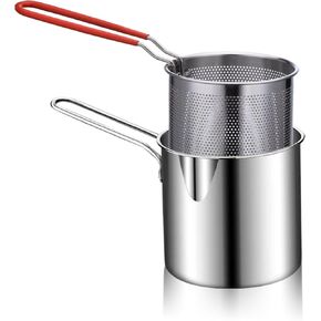 Small Deep Fryer Pot with Basket, Mini Deep Oil Fryer, 304 Stainless Steel Gadgets with Anti Scalding Silicone Handle, Fryer Pot for Home Tempura Chips Fries Fish Chicken