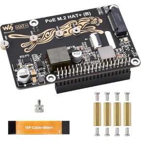 Waveshare PCIe to M.2 Adapter with PoE Function HAT+ (B), Compatible with Raspberry Pi 5, Supports POE NVMe Drive Protocol 2230/2242 / 2260/2280 M.2 Solid State Drive, High-Speed Reading/Writing