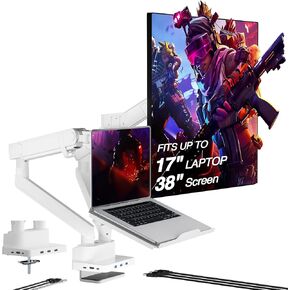 AVLT Dual 17"-38" Monitor Arm Desk Mount with 17" Laptop Tray and USB-C Docking Station, HDMI 4K60Hz, USB-A 5Gbps, Ethernet, 100W PD, Fits Two Flat/Curved Monitor - White