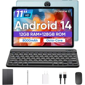 Tablet 11 inch Android 14 Tablet, 12GB RAM+128GB ROM, Octa-Core Tablets with Keyboard, GPS, 8000mAh, 800x1280 FHD Display, Dual Camera, WiFi, Bluetooth (Blue)