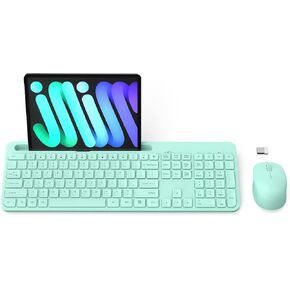 Mouse Keyboard Combo Wireless 2.4GHz Lag-Free Quiet Silent Mouse & Keyboard Set Cordless with Comfortable Round Key, Phone Holder,12 Multimedia&Shortcut for Computer, Laptop Mint Green