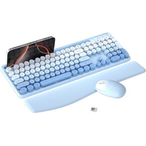 Colorful Wireless Computer Keyboard and Mouse Combo with Phone Holder, Wrist Rest, Typewriter Keys, 2.4GHz Wireless, Full-Sized Optical Mouse for PC and Laptop(Blue Colorful)