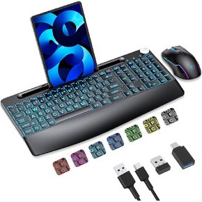 Lighted up Full Size 2.4G Wireless Keyboard and Mouse Combo, Rechargeable,with 7 Colored Backlits &Phone Holder &Wrist Rest &jiggler Mouse,for Mac Windows Laptop PC (Wireless Keyboard and Mouse)