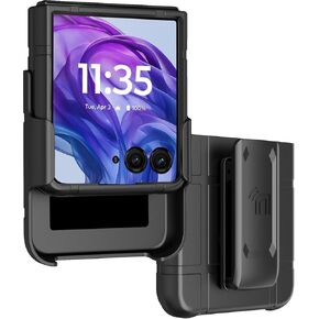 Case with Clip for Motorola RAZR+ 2024, Nakedcellphone Slim Hard Cover and [Rotating/Ratchet] Belt Hip Holster Holder for Moto RAZR Plus '24 Flip Phone (RAZR 50 Ultra) - Black Carbon Fiber Design
