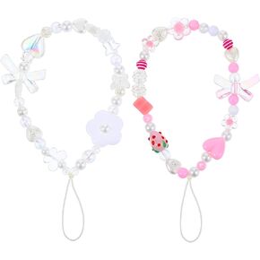 2 PCS Phone Charms Wrist Strap, Cute Beaded Phone Chain Handmade Aesthetic Y2K Keychain Heart Butterfly Candy Phone Charm Cell Phone Lanyards for Women Girls (Pink+White)