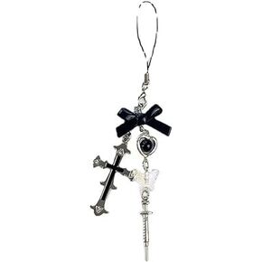 Silver and Black Phone Charm Strap Keychain Kawaii-Cute Keychain Lanyard String Black Cross-Bow Beaded Chain Lanyard Y2K, 1