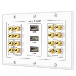 TNP Home Theater Wall Plate - 3-Gang 7.2 Surround Sound Distribution w/Premium Gold Plated Copper Banana Binding Post Coupler for 7 Speakers, 2 RCA Jack for Subwoofer, 3 HDMI Port for UHD 4K HD 1080P