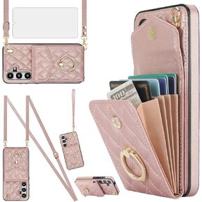 Asuwish Phone Case for Samsung Galaxy S24 Plus S24+ 5G Wallet Cover with Tempered Glass Screen Protector and Wrist Strap Ring RFID Blocking Card Holder Cell S24plus 24S + S 24 24+ Women Men Rose Gold