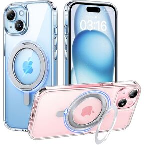 TAURI 360°Rotatable Magnetic Ring for iPhone 15 Case Clear, [Designed for Magsafe] with Stand & Ring Holder, Phone Case with 2X Screen Protectors +2X Camera Lens Protector