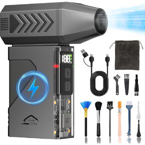 Casahdg Compressed Air Duster بمحرك 180،000 دورة في الدقيقة ، ومنفاخ كهربائي مستهدف للوحة المفاتيح ، والكمبيوتر الشخصي ، وتنظيف السيارات وتنظيف الثلج - ضفة الطاقة 10،000 مللي أمبير في الساعة وضوء LED