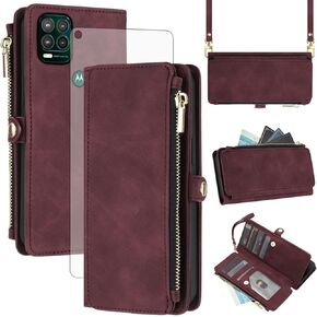 Asuwish Phone Case for Moto G Stylus 5G 2021 Zipper Wallet Cell Cover with Tempered Glass Screen Protector Crossbody Wrist Strap Flip Credit Card Holder Slot Motorola GStylus G5 XT2131DL Women Red