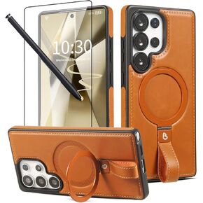 for Samsung Galaxy S25 Ultra Case with Stand, Anti-Slip Shockproof Loop, Compatible with MagSafe, Magnetic Protective Leather Case with Camera Lens and Screen Protector, Brown
