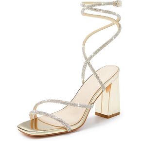 Coutgo Womens Lace Up Chunky Heels Rhinestone Sandals Square Open Toe High Block Heeled Wedding Dress Shoes