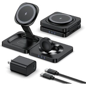 2025 Magnetic Wireless Charging Station - ADADPU 3 in 1 Foldable Mag-Safe Charger Stand for Multiple Apple Devices, Travel Charging Pad for iPhone 16 15 14 13 12 Pro Max Plus Apple Watch AirPods